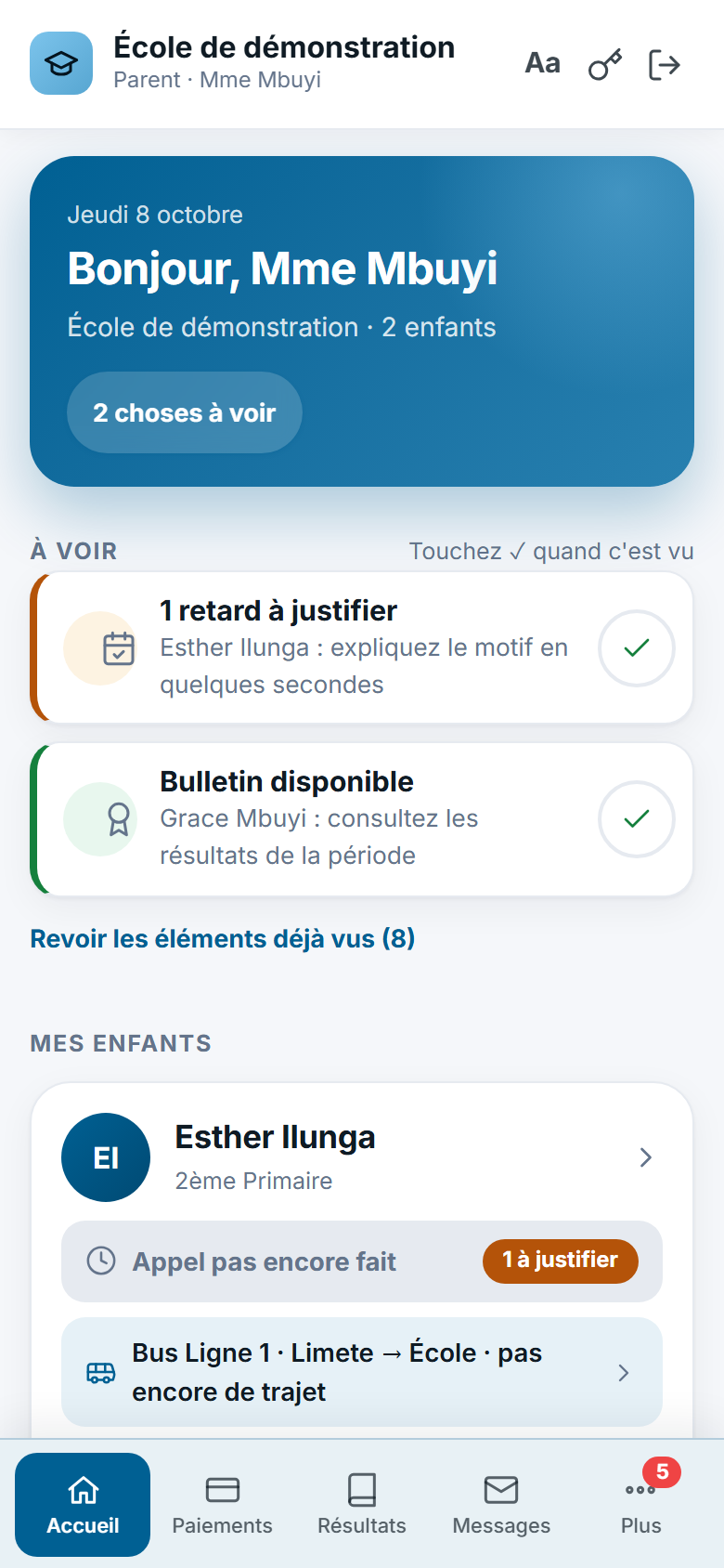 Espace parent d'Educ Future sur téléphone
